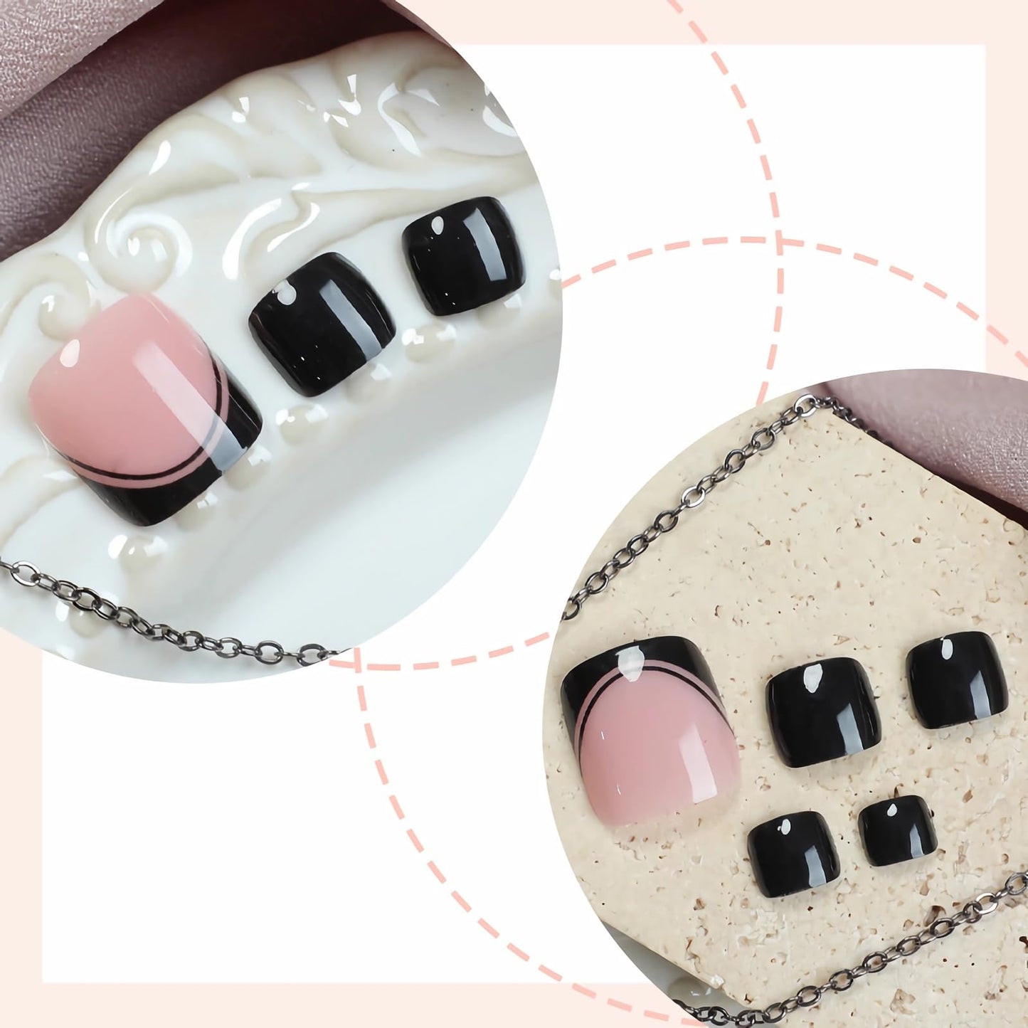 BABALAL Press on Toenails French Tips Toe Nail Press ons Fake Toe Nails Black False Toenails Full Cover Acrylic Glue on Toenails with Designs Toe Press on Nails Stick on Toenails for Women Manicure