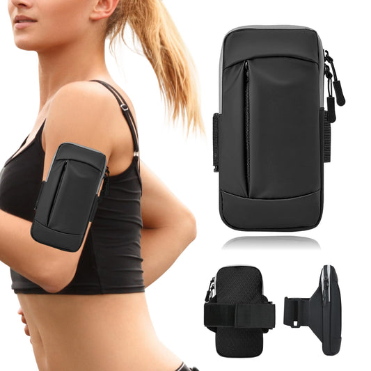 Running Armband, Adjustable Sports Band for Jogging, iPhone Workout Armband, Cell Pouch for Exercise Men Women (Leather Style in Black)