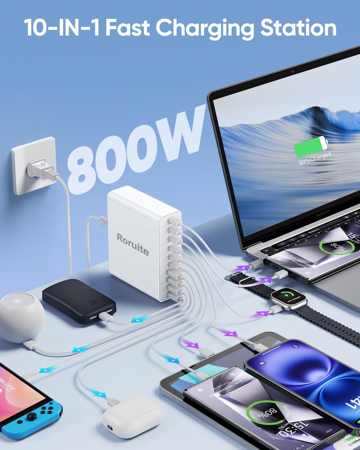 800W USB C Charging Station, 120W PD GaN5 Super Fast USB C Charger Block-10 Port, Type C Fast Charging Block for PC Laptop MacBook Pro/Air Charger Adapter with iPhone 17 16 15 14 Pro Max, iPad, Galaxy