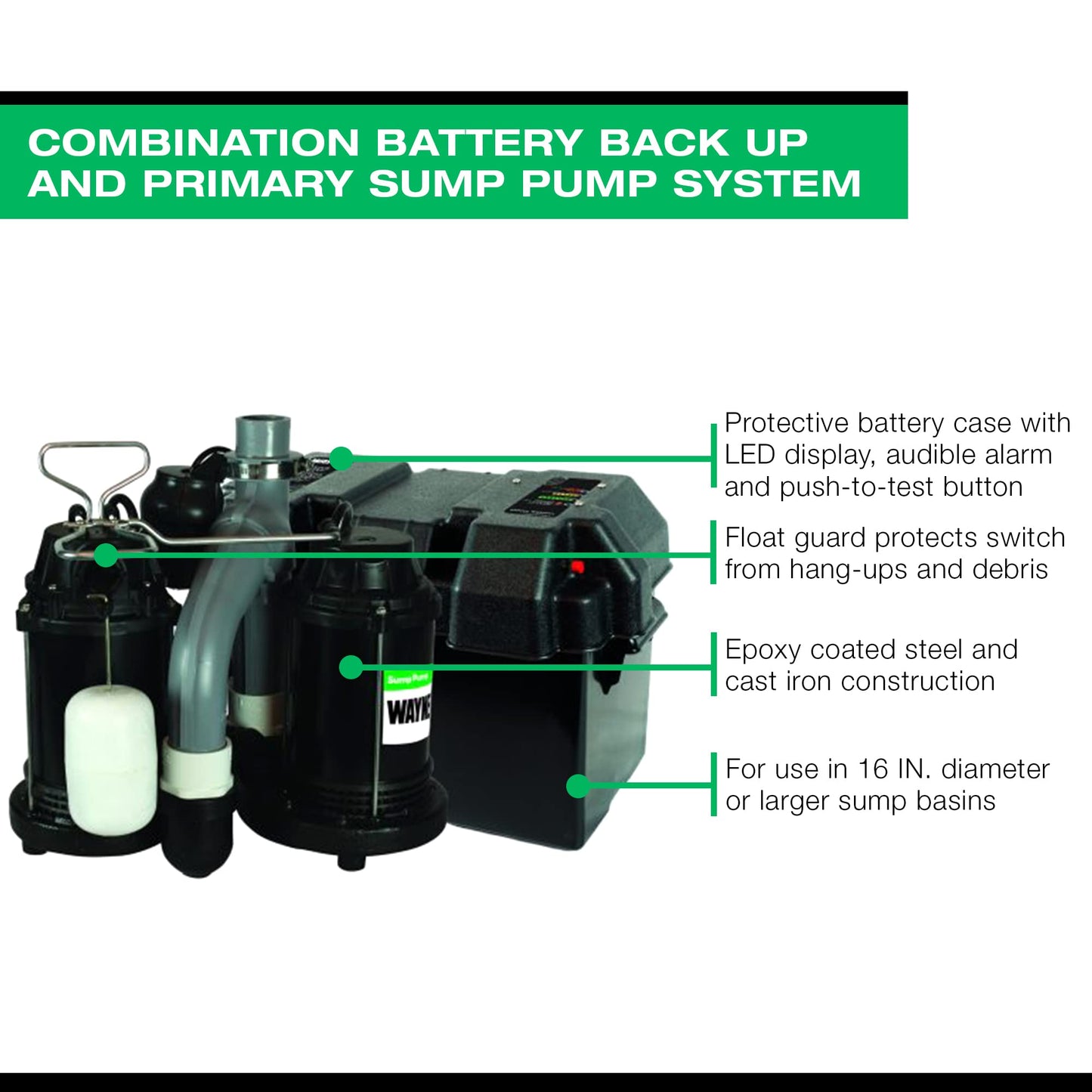 WAYNE - 1/2 HP Sump Pump with Integrated Vertical Float Switch and 12 Volt Battery Back Up Capability, Battery Not Included - Up to 5,100 Gallons Per Hour - Heavy Duty Basement Sump Pump System