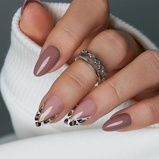 CurvLife Medium Almond Press On Nails, Soft Gel Salon Quality Fake Nails for Women, Reusable Long Lasting Nail Tips, Nude Pink Glitter Leopard French Design
