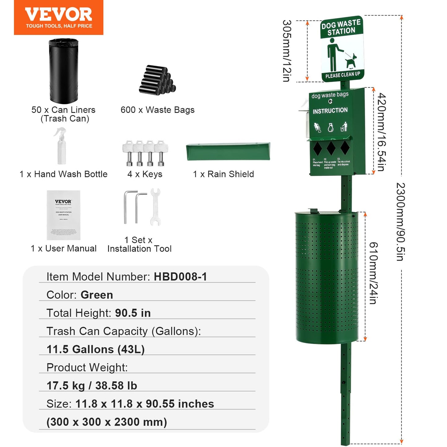 VEVOR Dog Waste Station with Hand Wash Bottle, 11.5 Gallons Pet Waste Bin with 50 Can Liners, Bag Dispenser & 600 Waste Bags, Outdoor Dog Waste Disposal System for Backyard