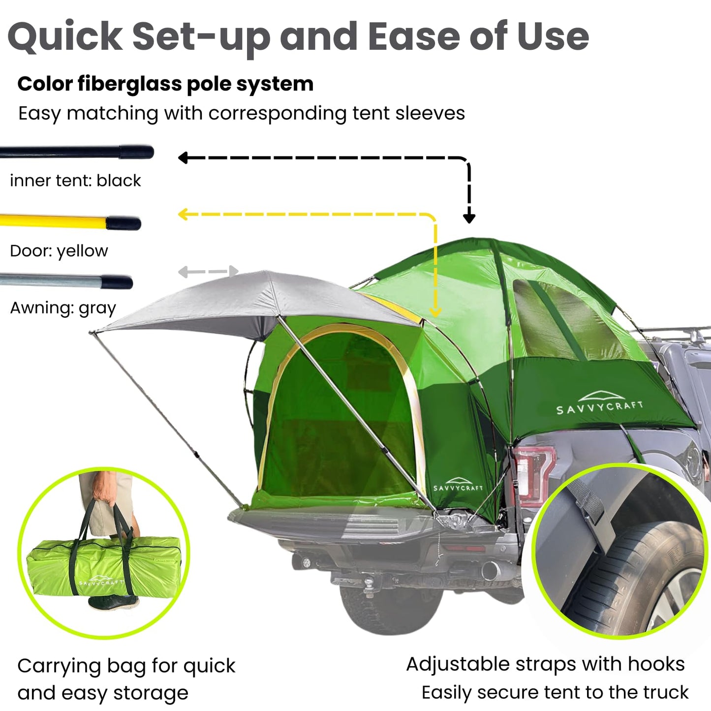 Savvycraft Pickup Truck Bed Tent for Full Size Truck 6.4'-6.7' Bed, Waterproof P3000mm 2-Person Double Layer Truck Bed Camping Tent, Expandable Awning, Rainfly, Storage Bag Included Green/Gray