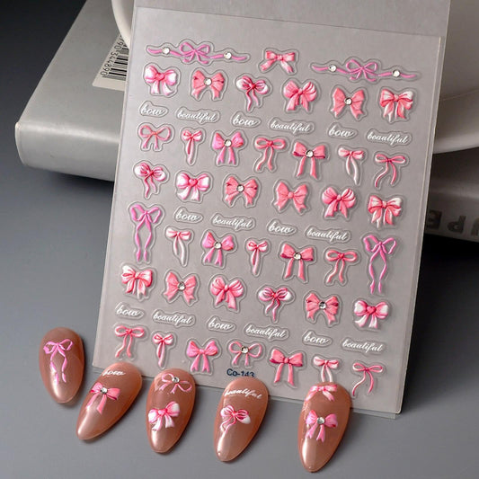 5D Embossed Bow Nail Stickers Pink Bowknot Nail Art Stickers with Rhinestone Design Bow Nail Decals for Women Girls Christmas Acrylic Nails DIY Manicure Nail Supplies