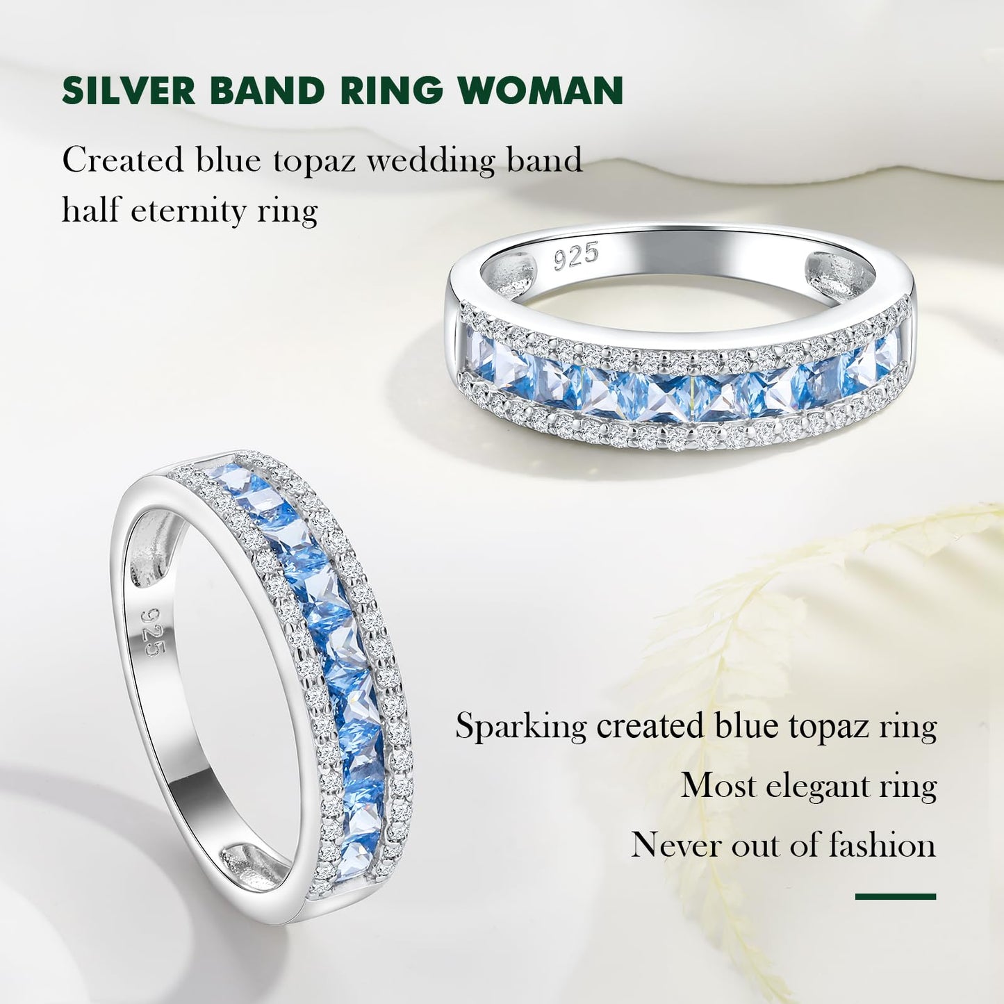 RANDES Blue Topaz Band Rings for Women 925 Sterling Silver Channel Set Princess Cut Eternity Band December Birthstone Ring Size 8