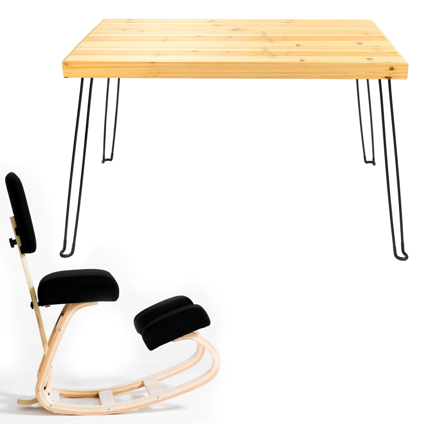 Sleekform Wooden Folding Desk, Small Folding Table Portable with Collapsible Hairpin Legs, Austin Kneeling Chair, Home Office Ergonomic Computer Desk Stool