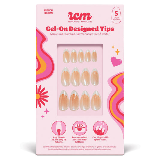 RC Red Carpet Manicure Gel-On Designed Tips - Full Coverage, Flexible, Break-Resistant, 21-Day Wear, UV/LED Cured Gel Adhesion for Natural Look (French Chrome Short Almond)