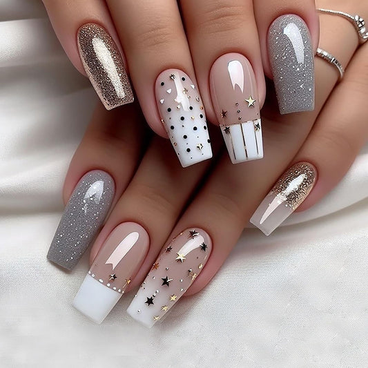 Press on Nails Medium Square False Nails French Stick Ons With Gold Glitter Stars Design Acrylic Coffin Nails Full Cover Reusable Artificial Glossy Press Ons For Women