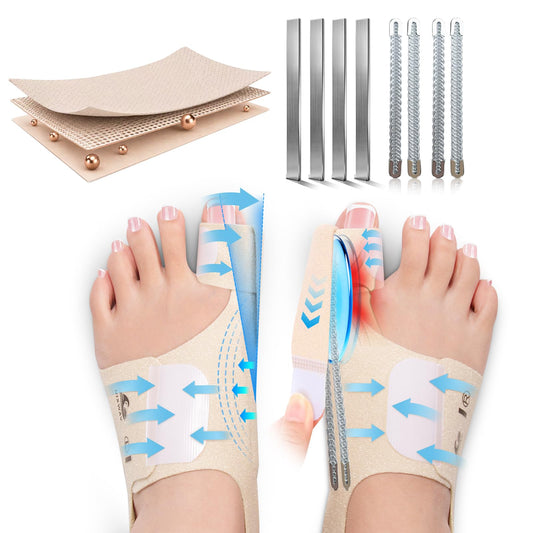 NIXWAV 2 Pack Copper-Infused Bunion Corrector for Women & Men, Big Toe Separators with 8 Replaceable Splints & Gel Pads for Bunion Relief, Hallux Valgus Corrector, Hammer Toe Straightener for Day/Night Support (Beige, One Size)