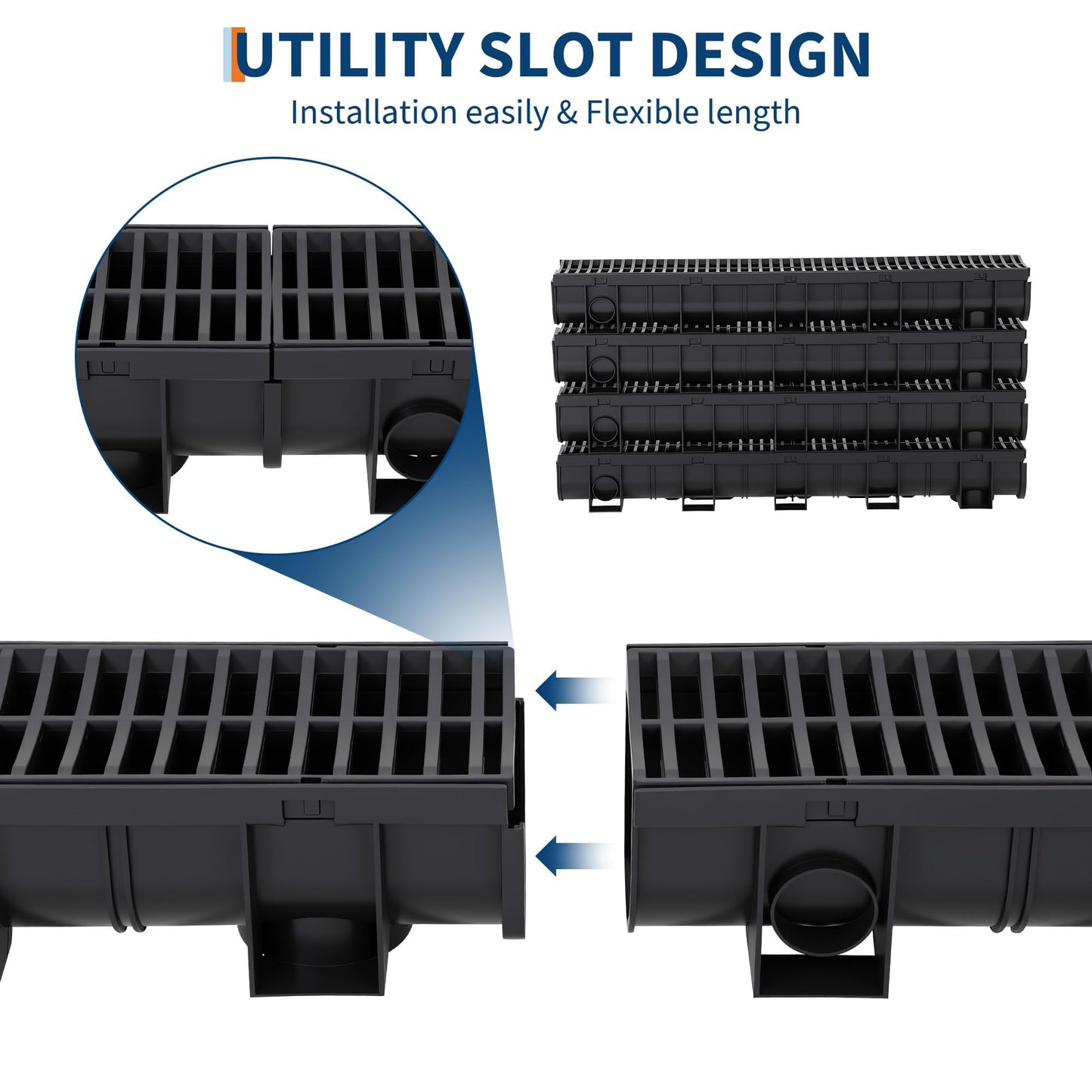 GarveeTech 5-Pack 39.4" l Channel Drain System with Plastic Grate, Heavy-Duty HDPE Trench Drain for Driveway, Landscape, Patio, Pool, Yard & Roof Runoff | 5.9" w x 5.1" h | Weather-Resistant