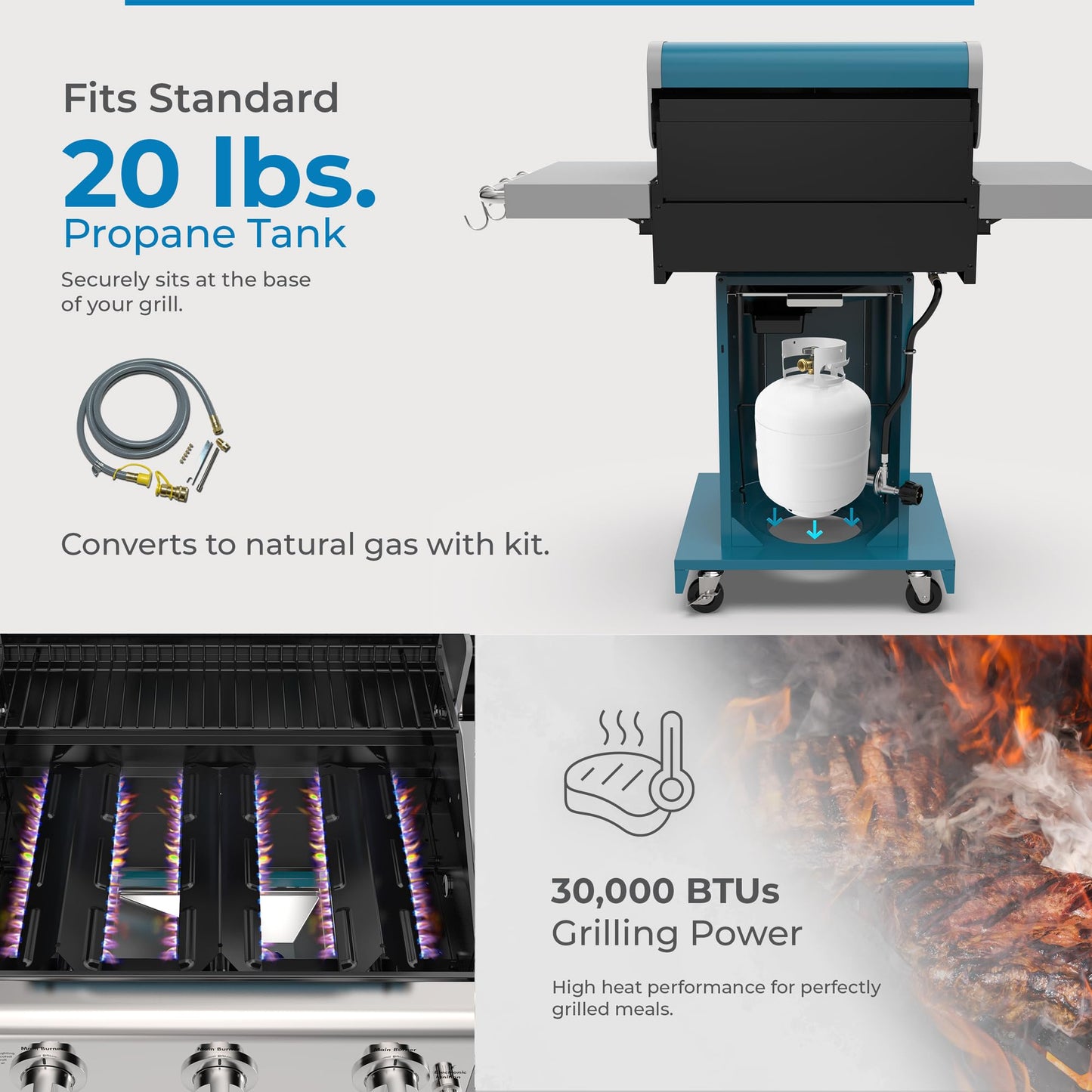 Kenmore 3-Burner Propane BBQ Grill, 30,000 BTUs Gas Grill with Cast Iron Cooking Grates, Folding Side Tables & Wheels, Outdoor Grill with Tool Hooks, Teal