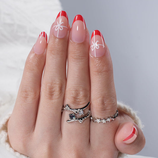 Red French Tip Design Press On Nails, Short Almond Fake Nails with White Line Accent, Reusable Stick On Nails with Glue for Women, 32pcs in 16 Sizes | Salon Quality