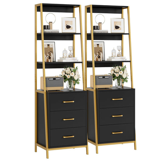 HITHOS 4-Tier Bookshelf, Tall Bookcase with 3 Wooden Drawers, Modern Ladder Book Shlef Storage Organizer for Living Room, Entryway, Office, Black Gold, 2 PCS