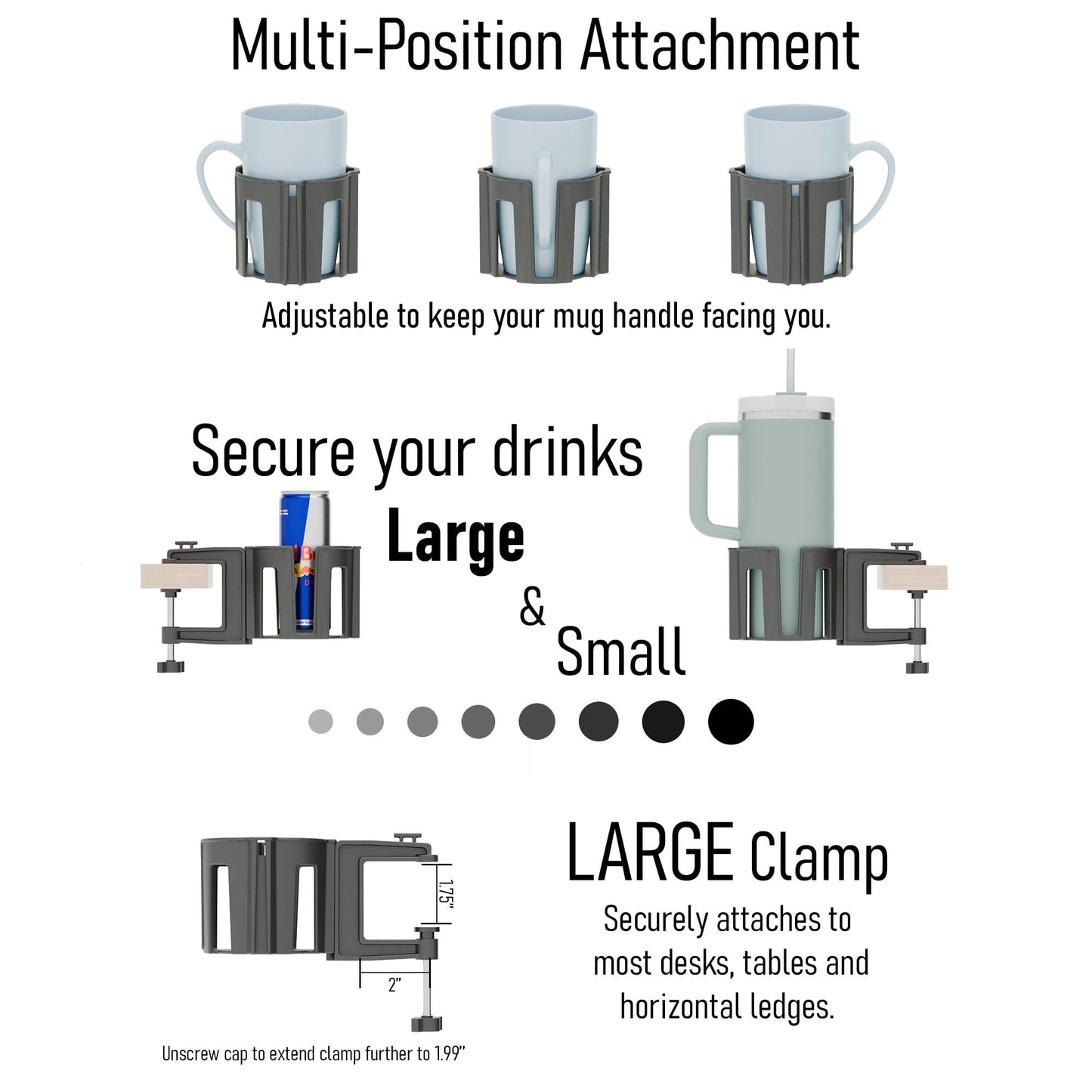 Original Large Desk Cup Holder Clamp – Cup-Holster, The Anti-Spill Cup Holder Mount for Your Table, Office & Gaming Setup – Multi-Directional Drink Holder & Headphone Hanger