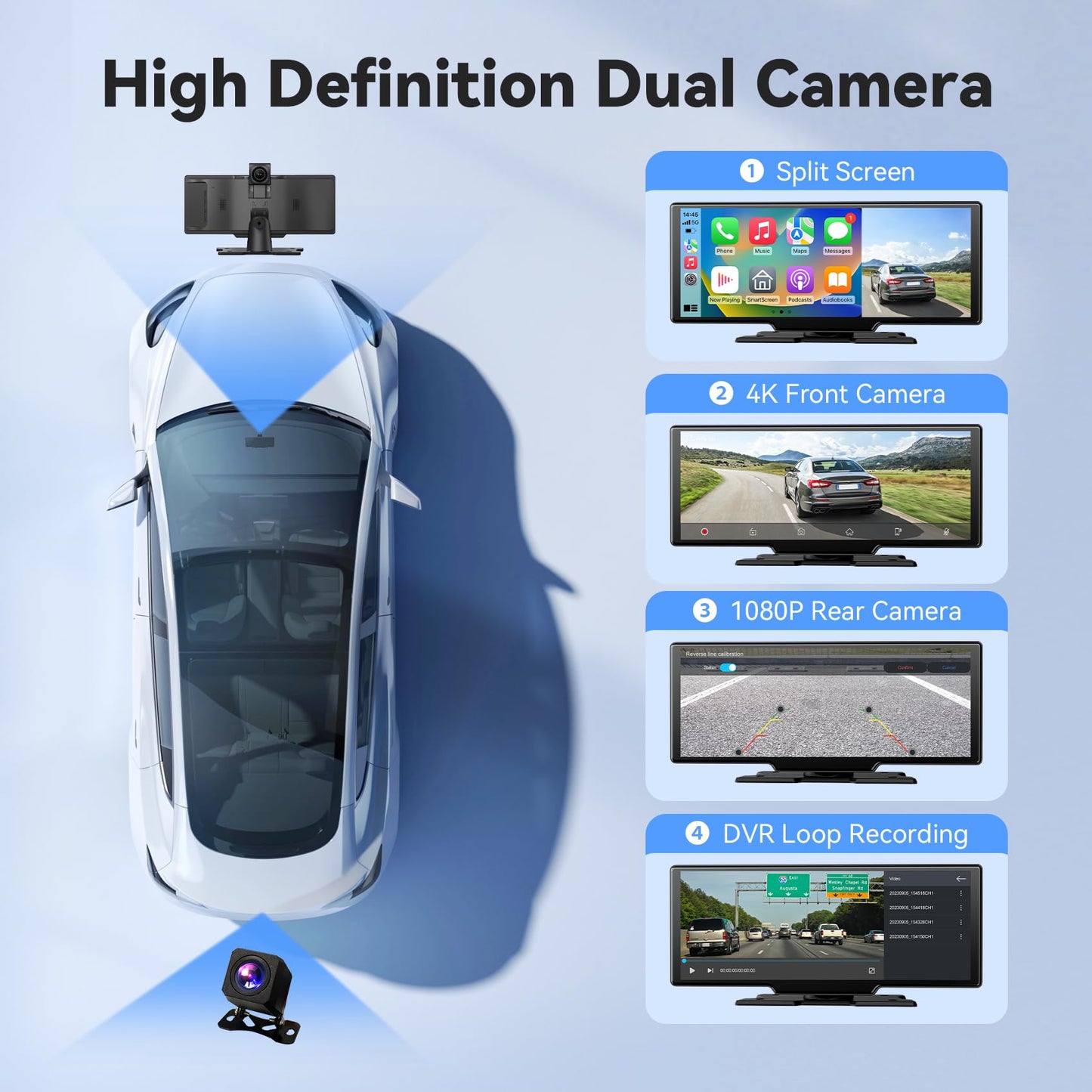 Portable Apple CarPlay Screen, Extra Large 11.26 Inch 4K Car Play & Android Auto HD Touchscreen, Wireless Car Stereo with Dash Cam, G-Sensor/App Control/Backup Camera/Loop Recording/Mirror Link/GPS/FM