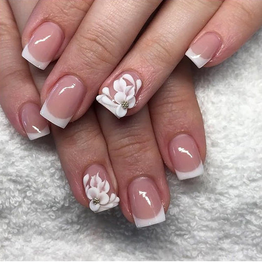 OCOUYVD 24 Pcs 3D Flower Press-on Nails White French Tip False Nails Embossed Floral Steel Ball Designs Spring Short Square Glossy Acrylic Nails Full Cover Stick-on Nails for Women Nail Art