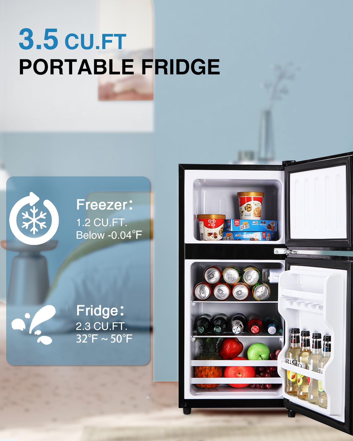 EUASOO KB FLS-80-Black 3.5Cu.Ft Compact and Small Refrigerator with Freezer, Retro Fridge with Dual Door, 7 Level Adjustable Thermostat for Garage, Dorm,Bedroom, Office, Apartment, Black
