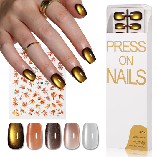 CUZIAM 150pcs Brown Cat Eye Press on Nails Short Square, 5 Color Black Gold Brown Amber Orange Jelly Glass Press On Nail Kit with Fall Nails Stickers,Fall Autumn Fake False Nails Kit for Women