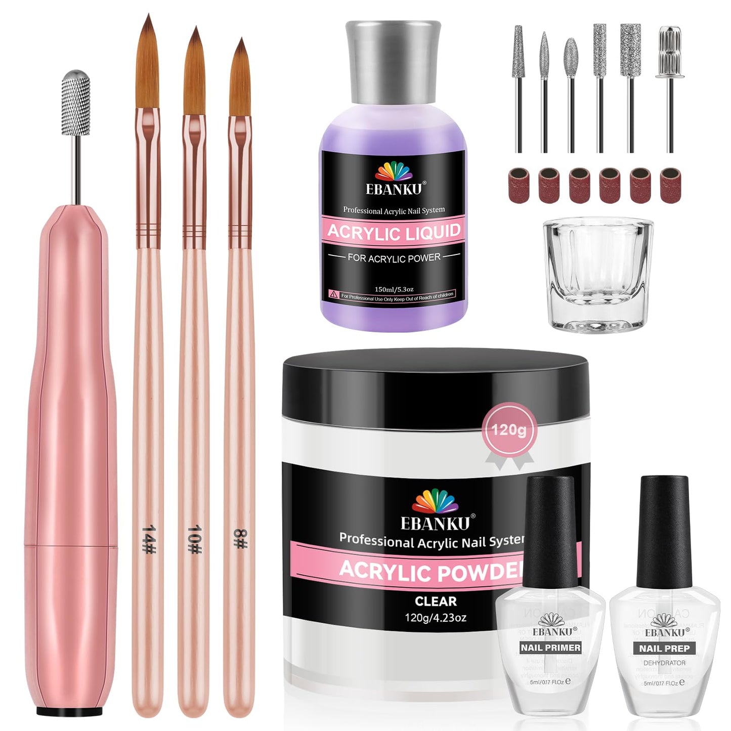 EBANKU Acrylic Nail Kit - 120g/4.23oz Acrylic Powder and 150ml Liquid Monomer Set With Brushes, Dappen Dish, Nail Primer Prep, 1 Set Drill Tools for Manicure, Nail Kit for Beginners