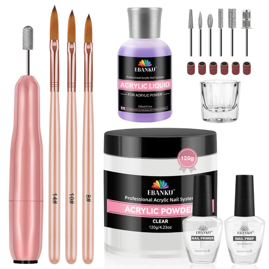 EBANKU Acrylic Nail Kit - 120g/4.23oz Acrylic Powder and 150ml Liquid Monomer Set With Brushes, Dappen Dish, Nail Primer Prep, 1 Set Drill Tools for Manicure, Nail Kit for Beginners