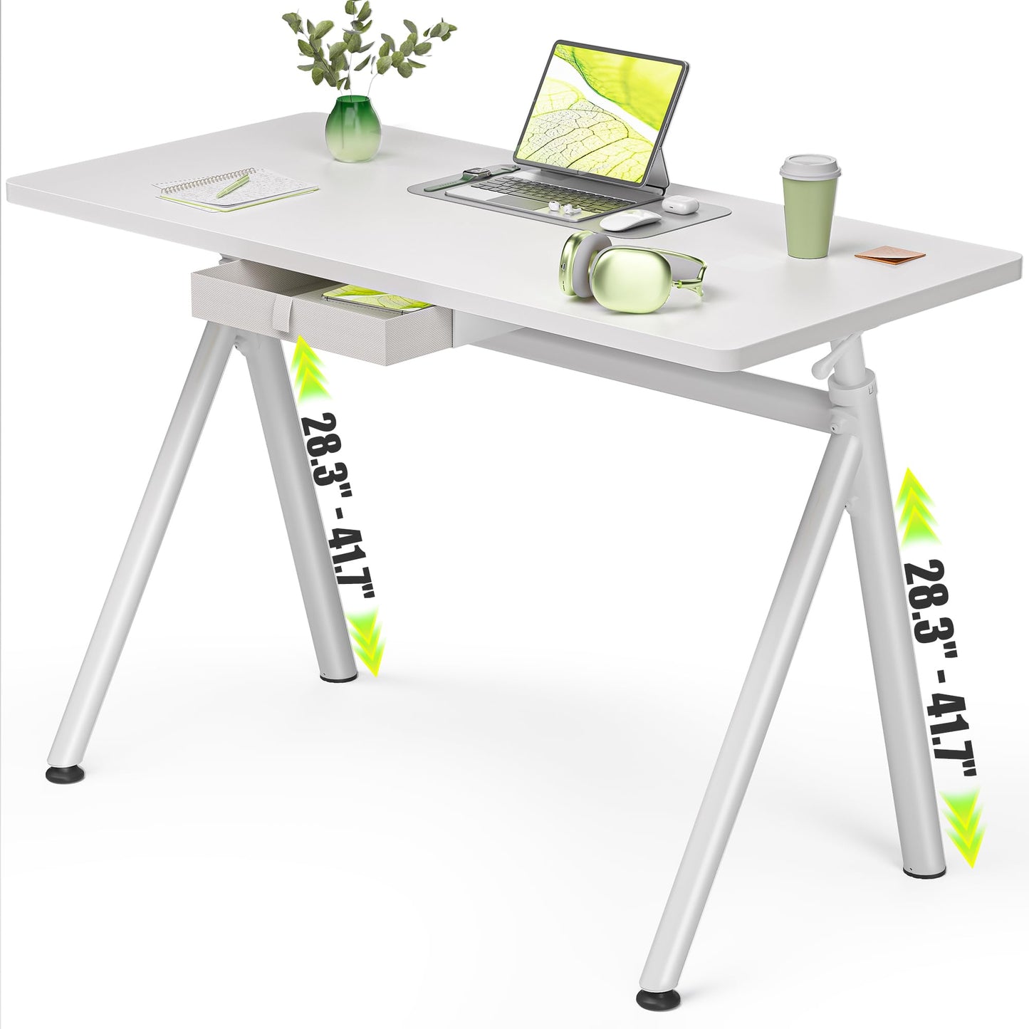 WALKINGDESK Standing Desk, 4-Leg Pneumatic Adjustable Desk for Walking Pad Treadmill - Stable No Wobble Fixed Frame, 40” Computer Desk with Fabric Drawer for Home Office, Gaming Desk, White