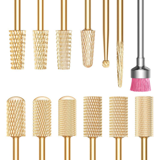 GLIX 13-Piece Professional Nail Drill Bits Set, Gold Tungsten Carbide E File Bits for Acrylic Nails & Gel Polish Removal, Ambidextrous Left/Right Hand Kit with 2XC Typhoon & Safety Cuticle Clean Bits