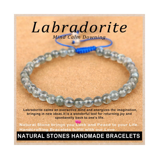 AD Beads 4mm Labradorite Bracelet - Stone of Mind Calm Downing - Handmade Natural Stone Crystal Bracelet with Adjustable Macrame String - Yoga Healing Power Energy Gifts for Men and Women