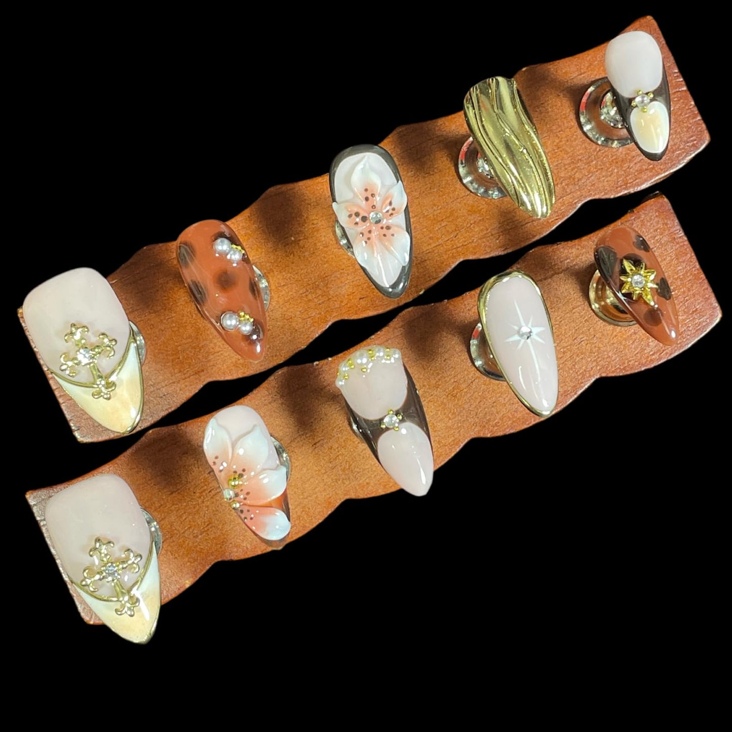 Handmade Press On Nails Medium Almond 10 Unique 3D Floral Designs Gold Filigree Crosses Caramel-Brown & Peach Blossoms | Reusable Acrylic False Nails for Women (Brown, M)