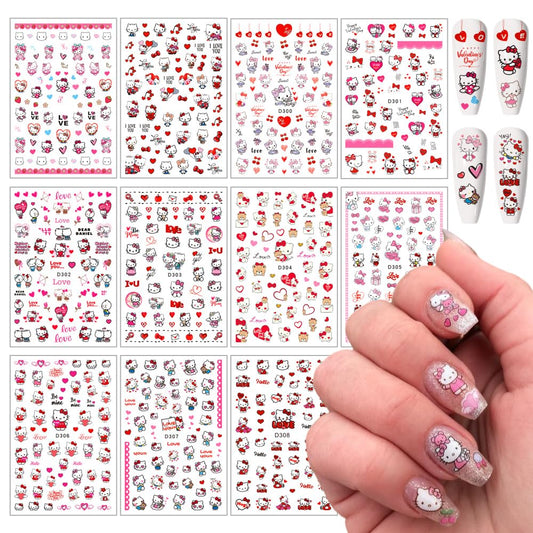 Valentines Nail Stickers Pink Cat Nail Art Stickers 3D Cat Self-Adhesive Nail Design Supply Heart Lover Romantic Cartoon Nail Decals for Women Girls DIY Manicure Decoration