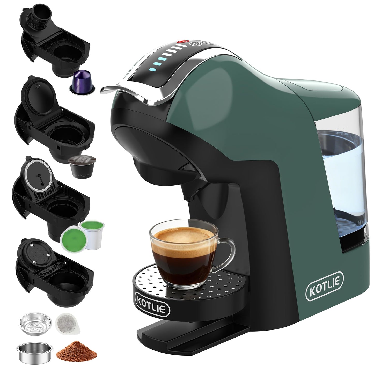 KOTLIE EM-308B Espresso Machine, Single Serve Coffee Maker Compatible with Multiple Capsule Types, Ground Coffee, and ESE Pods, 3 Temperatures, 7 Water Volume Levels, 34 Oz（Green）