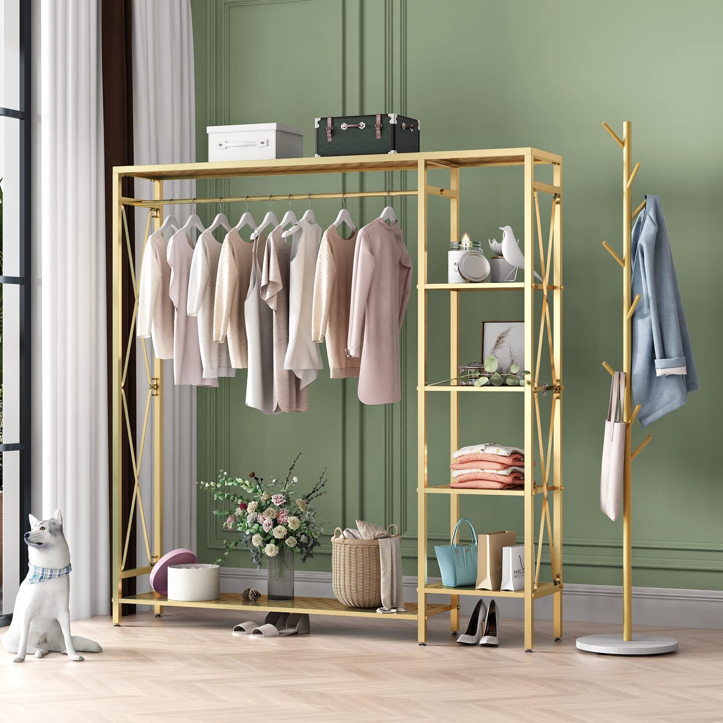 TIEOU Modern Gold Clothes Racks Free-Standing, Gold Clothing Rack with Shelves for Boutiques, Heavy Duty Garment Rack for Hanging Clothes, Large Wardrobe Closet(59''L)