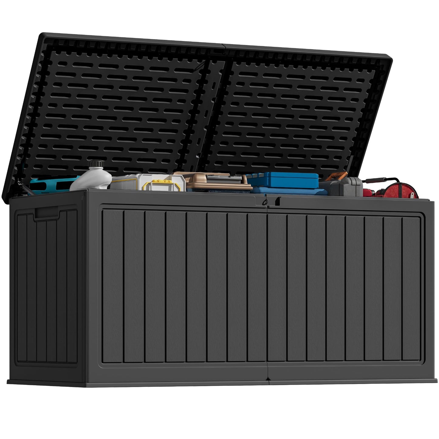 Greesum 260 Gallon HDPE Outdoor Storage Box - Waterproof, Large Capacity Deck Box with Removable Dividers for Patio, Yard, Garden Tools, Black