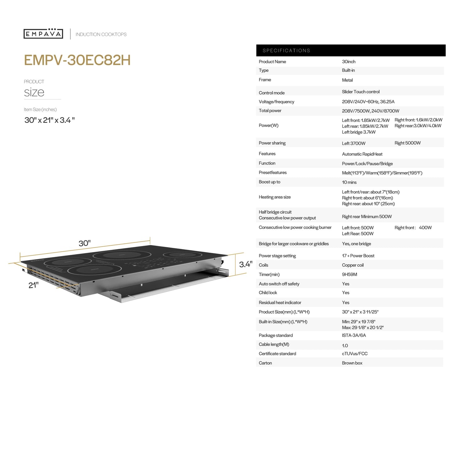 Empava 30 Inch Built-in Induction Cooktop 4 Burner, Bridge-SYNC, Auto RapidHeat, 3 Preset Modes, Pan Sensor, Hardwired 208~240V, 40A, Black Vitro Ceramic Glass