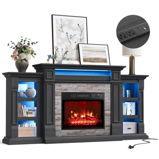 Naice 72" Electric Fireplace with Mantel and Cabinets, Fireplace TV Stand for Living Room Bedroom, LED Light & Power Outlet, 23in Realistic Flame Fireplace and Stacked Stone Surround, Black