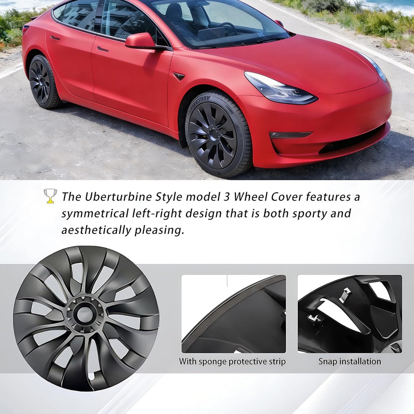 KAVANIC 4PCS Wheel Covers Fits for Tesla Model 3 Hubcap 18 Inch Matte Black Support Logo Long Range Symmetry Design Uberturbine Style for 2017-2023 Model 3 Aero Wheel Cover Replacement (RWD/AWD)