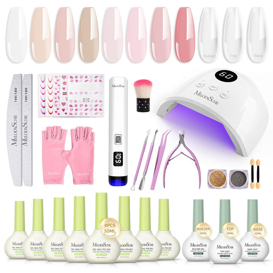 MelodySusie Gel Nail Polish Kit with P-Plus30F UV Nail Lamp - Handheld Cordless P-Art01R UV Light Classic Popular Colors Plant Based Gel Polish with Top Coat Base Coat Builder Manicure Tools