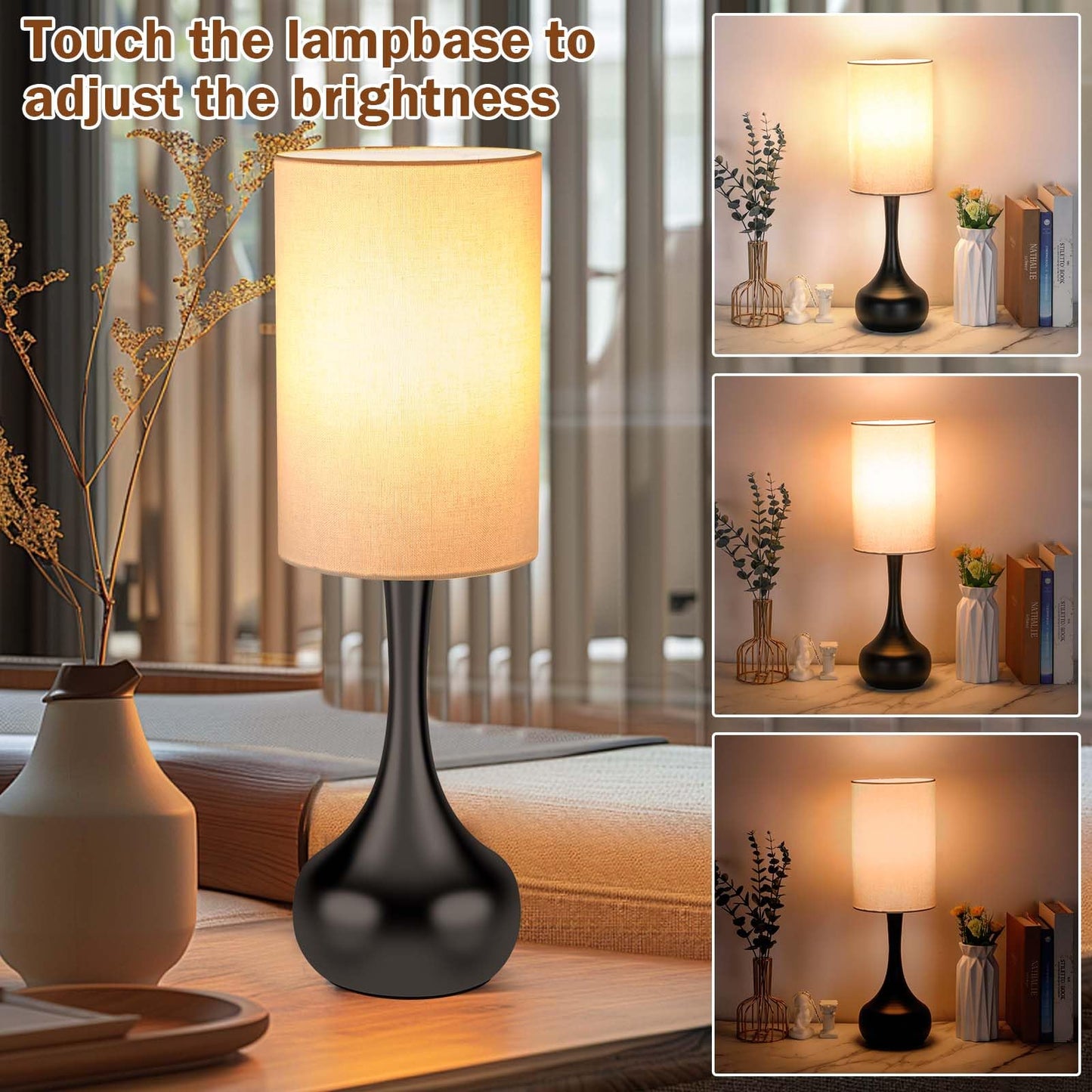 LEDIKON Mid Century Modern Droplet Table Lamp,Touch Control & 3-Way Dimmable,No Assembly Required Cylinder Shade,Black Vintage Farmhouse Bedside Lamp for Bedroom,Nightstand,Living Room,Office