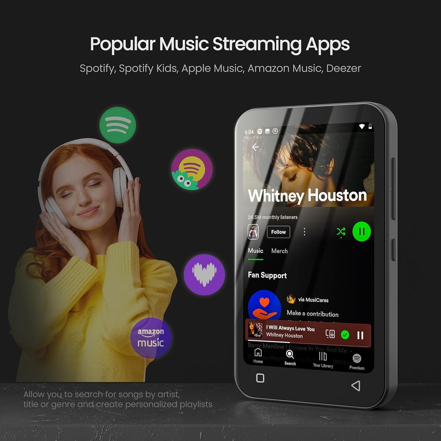 80GB Kids MP3 Player with Bluetooth and WiFi, Parental Controls, Pre-Installed Spotify, Spotify Kids, Audible, TIMMKOO 4" MP4 Player Up to 1TB (Black)