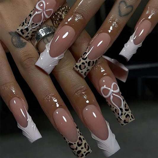 Jremg Leopard Print French Tip Press on Nails Long Square Fake Nails with Designs Glossy 3D White French Coffin False Nails Cute White Bow Glue on Nails Reusable Acrylic Stick on Nails for Women 24Pcs