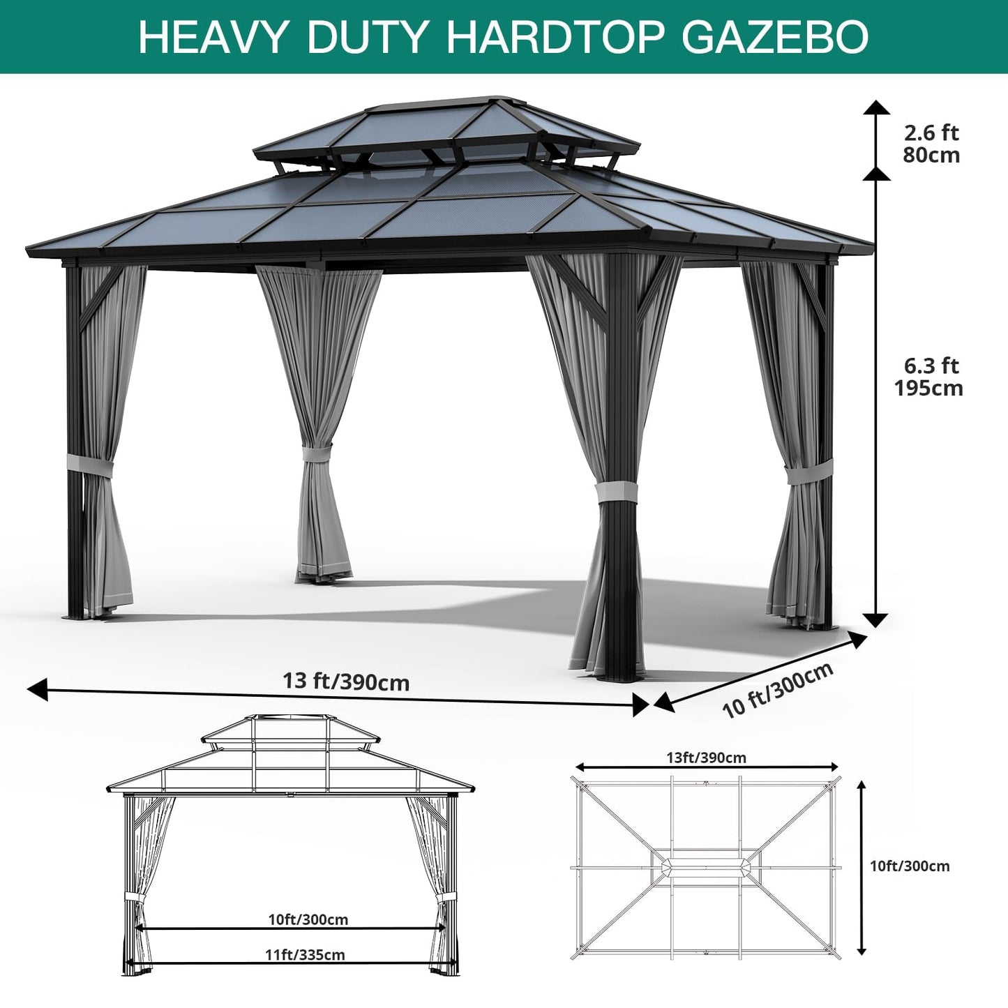 13'x10' Hardtop Gazebo, Heavy Duty Aluminum Permanent Hardtop Gazebo Outdoor Pavilion with Curtains and Netting for Garden (Gray, PC Top / 13'x10')