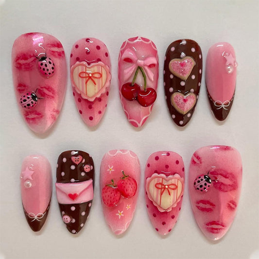 30Pcs Romantic Valentines Press on Nails Medium Almond Fake Nails with 3D Cherry Heart Bow Pearl Designs Cute Glue on Nail Sexy Red Lips False Nails Pink Acrylic Full Cover Stick on Nail for Women