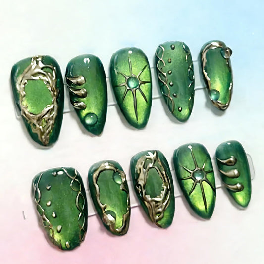 30Pcs Green Press on Nails Medium Almond Fake Nails with 3D Sliver Ripple Design Handmade False Nails Star Acrylic Nails Irregular Chrome Stick on Nails Glossy Green Glue on Nails for Women