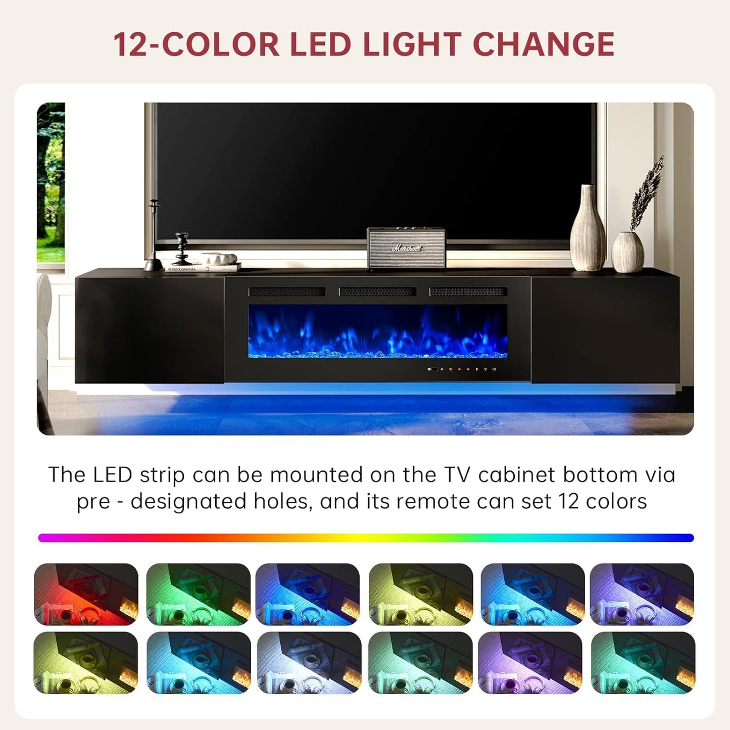 MXV 80'' Floating TV Stand with 40" Electric Fireplace, Modern Media Entertainment Center, TV Console Cabinet Wall Mounted with Adjustable 12-Color LED Lights, for Living Room, Black + Black