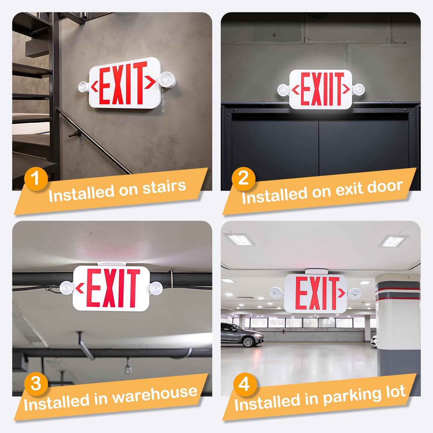 LIT-PaTH LED Combo EXIT Sign with 2 Adjustable Head Lights and Double Face, Back Up Batteries- US Standard Red Letter Emergency Exit Lighting, UL 924 and CEC Qualified, 120-277 Voltage, 4-Pack