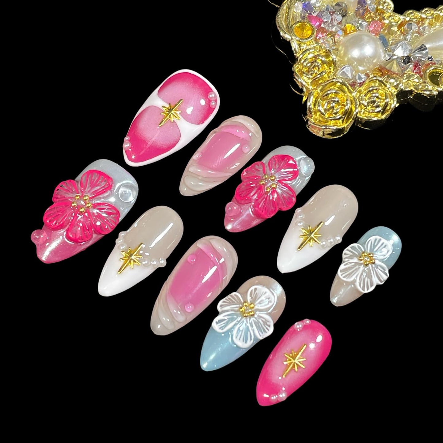 Handmade Press On Nails, Medium Almond Shape, Cherry Blossom Design with Gold Stars, Pearl Accents, Pink Blue Nude Colors, 3D Floral Reusable Acrylic False Nails (Bouquet lace, M)