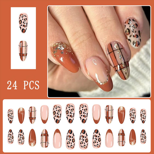 Glitter Leopard Print French Tip Press on Nails Medium Almond Fake Nails Gold Foils Brown Designs Cute Cheetah Print Lattice False Nails Fall Winter Maillard Color Stick on Nail for Women Girls 24Pcs