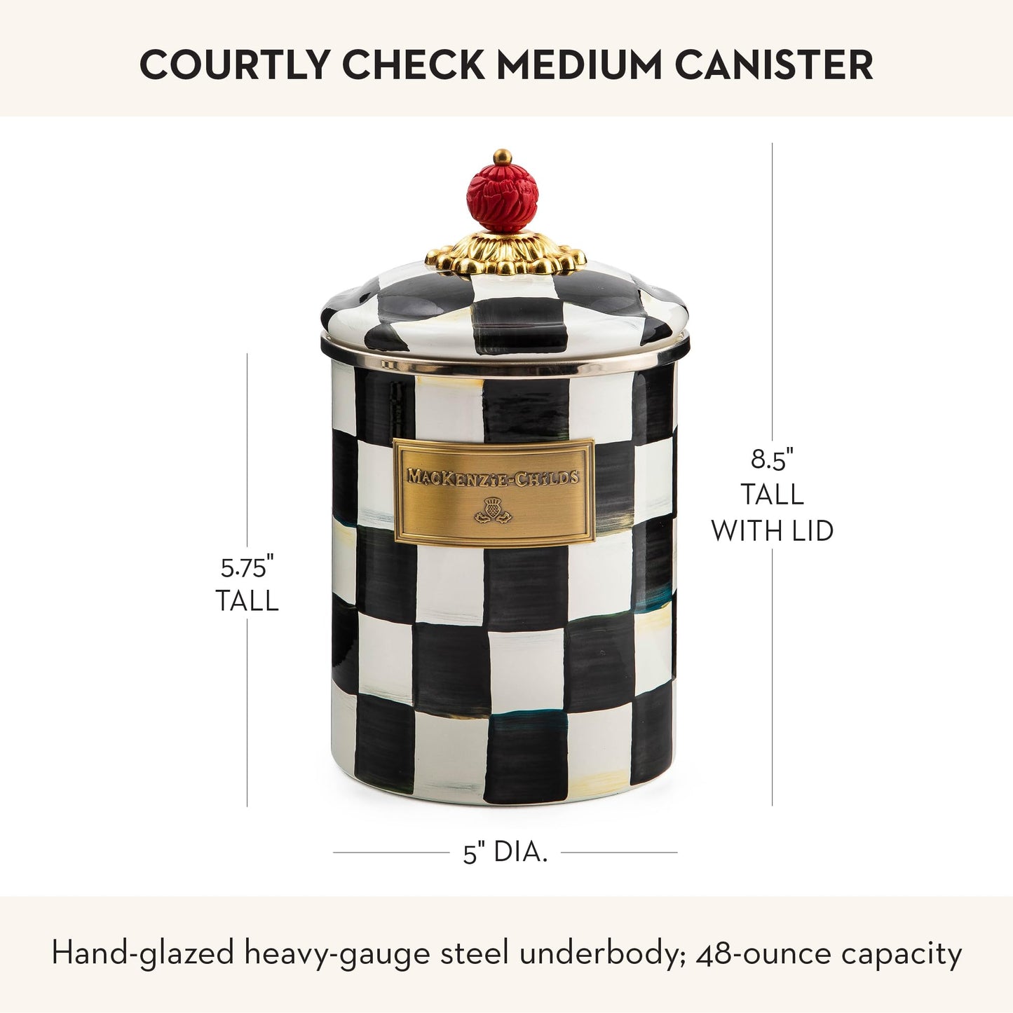 MACKENZIE-CHILDS Medium Enamel Canister, Kitchen Storage Container for Flour and Sugar, 1.42 Liters, Black-and-White Courtly Check