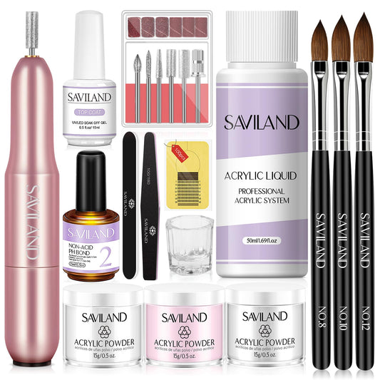 SAVILAND Acrylic Nail Kit with Drill: 15g White Pink Clear Acrylic Powder and Liquid, 100 Forms, Brushes, Primer, Top Gel & Tools – Extension Nail Kit for Beginners with Everything Home Use