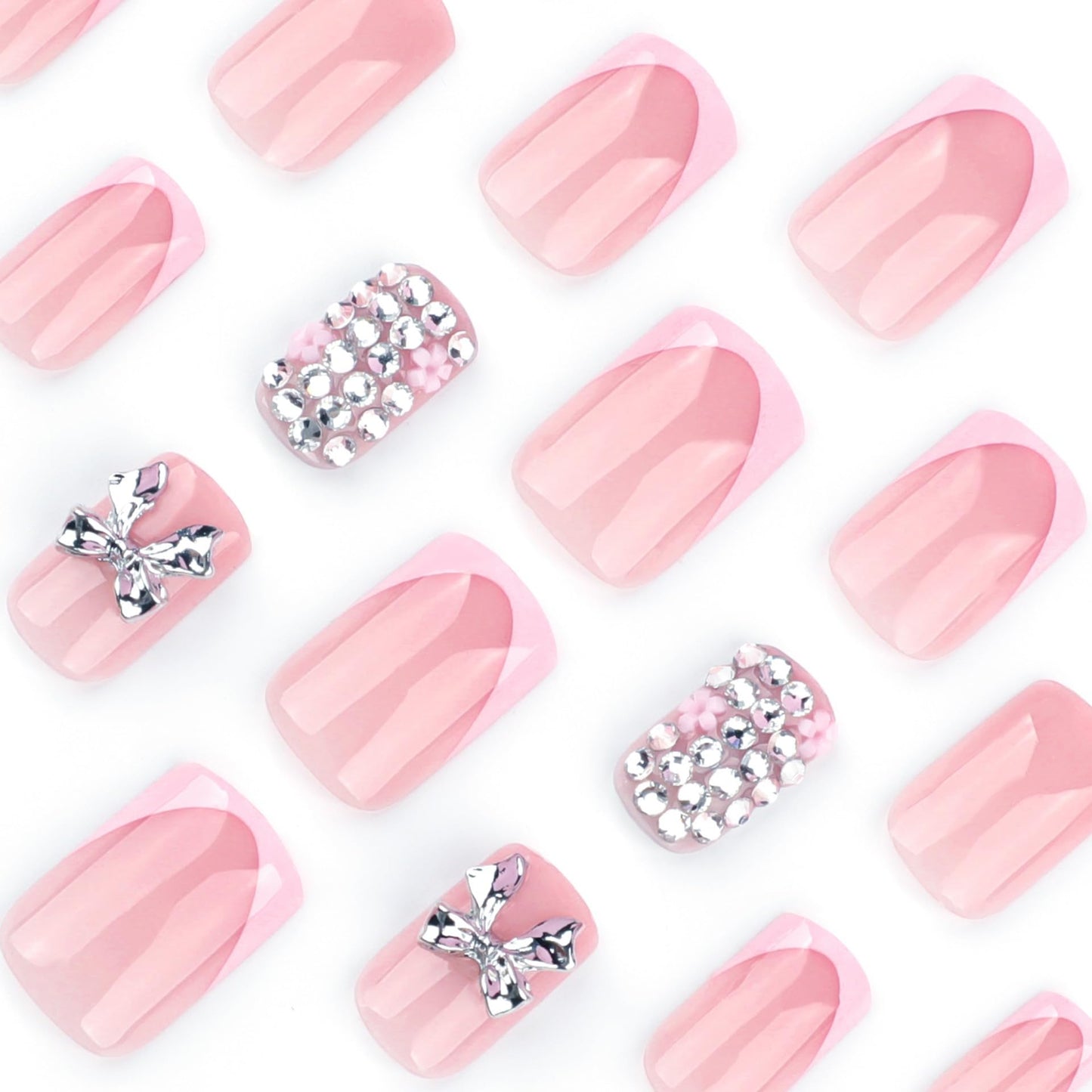 Short Press on Nails Square - Pink French Tip Fake Nails with Silver Bow Design - Rhinestone, Glossy Full Cover Stick on False Nails - for Women 24 Pcs