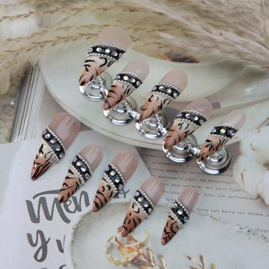 Handmade Press on Nails Medium Stiletto Fake Nails Designs Leopard Print Rhinestones Glue on Nail Luxury Reusable False Nail Press ons Muti-Layer Gel Acrylic Handmade Nails for Wome Manicure(Size S)
